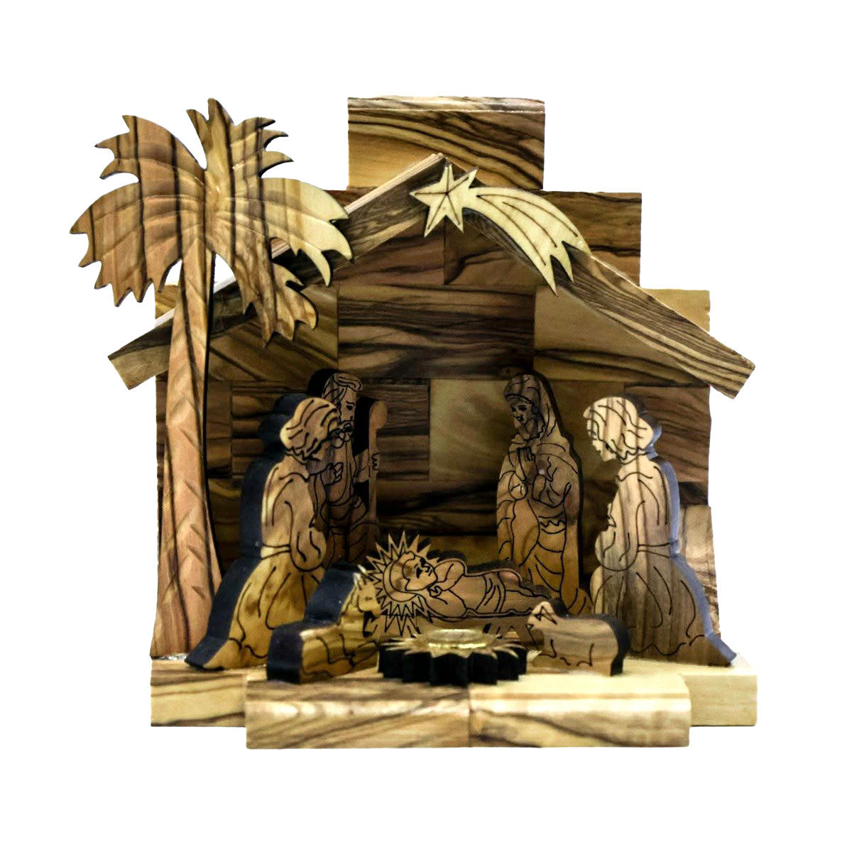 "OWO 029" Olive Wood Grotto with Nativity Set