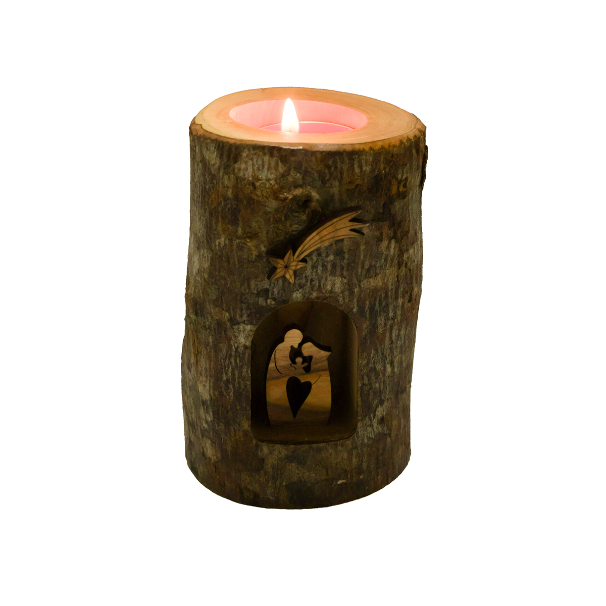 "OWV 019" Olive wood Holy Family in Cortex with Spiritual Candle